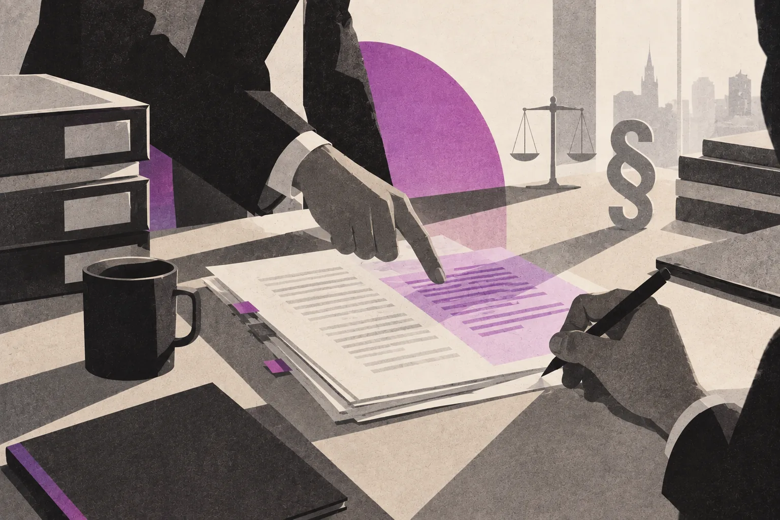 Two lawyers going through a highlighted passage in a document together