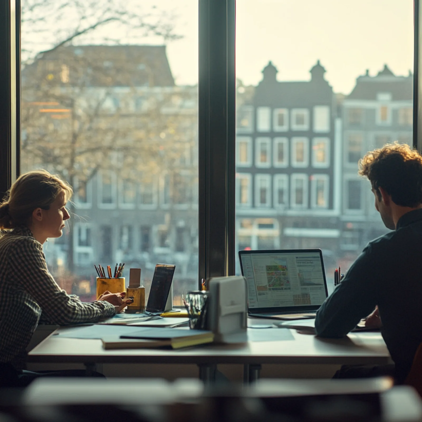 Two policy makers thinking about the future of The Hague, generated with AI.